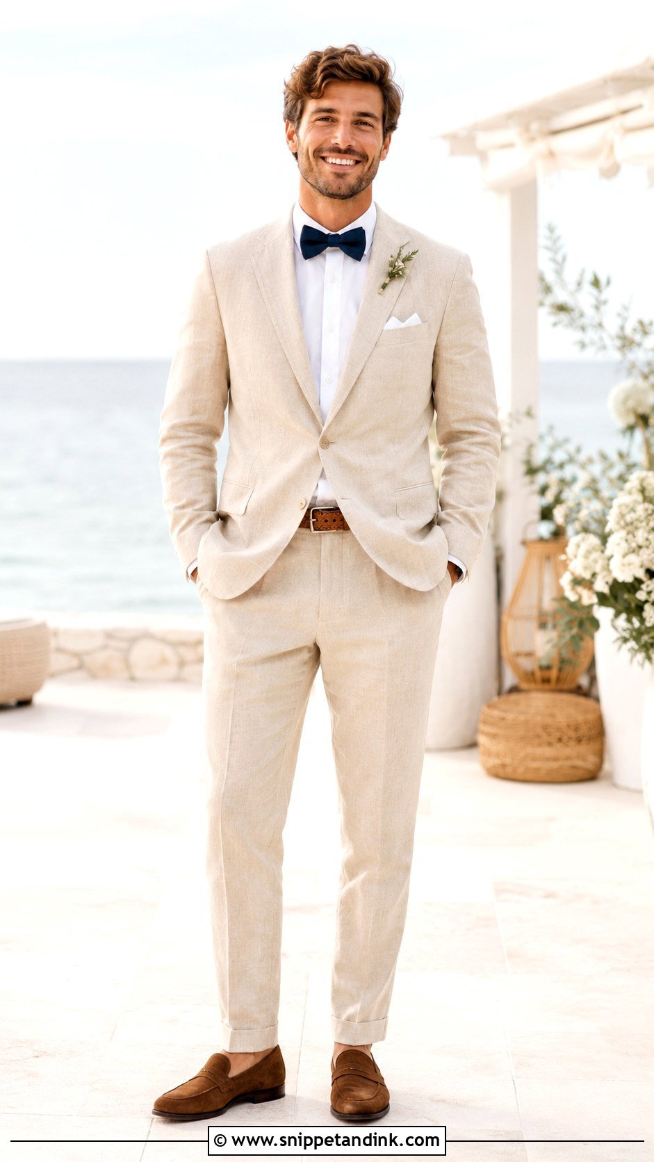 Linen Suit With Navy Bow Tie - Snippet and Ink - 20 Bow Tie Wedding Ideas