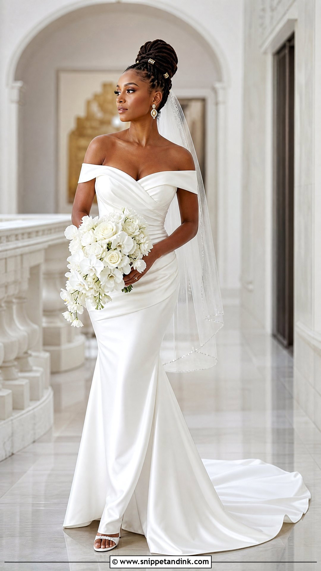 Loc Bun for Off the Shoulder Wedding Dress - Snippet and Ink - 25 Off the Shoulder Wedding Dress Hairstyle Ideas