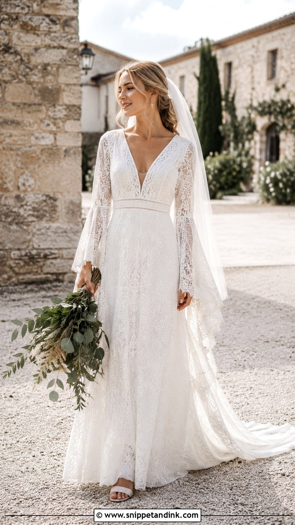 Long Boho Bell Sleeve Wedding Gown - Snippet and Ink - 20 Long Wedding Gown Ideas