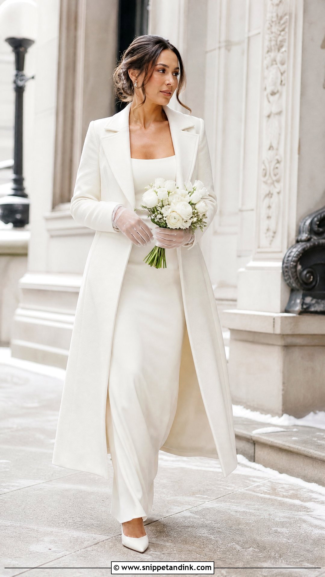Long Bridal Coat With Column Dress - Snippet and Ink - 25 Bridal Jacket Ideas