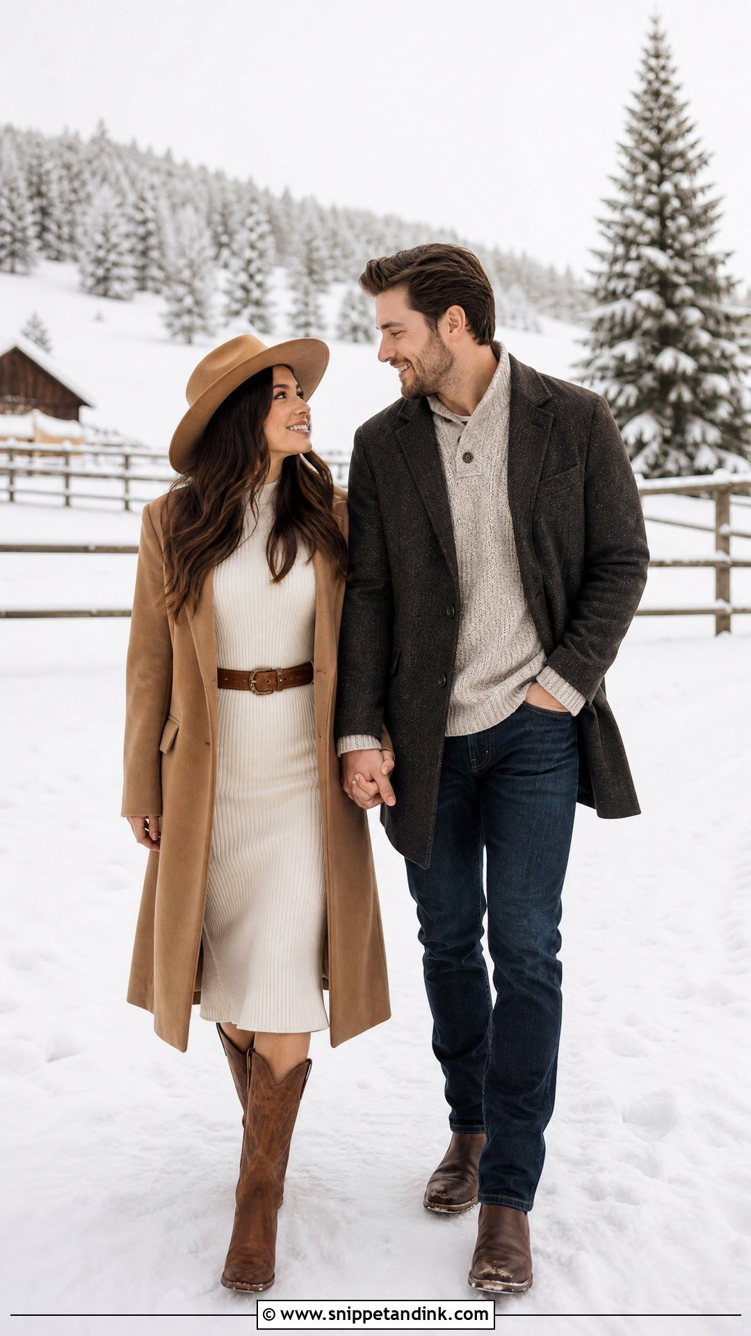 Long Coat And Knit Dress Winter Western Outfit - Snippet and Ink - 20 Western Pre Wedding Shoot Outfit Ideas