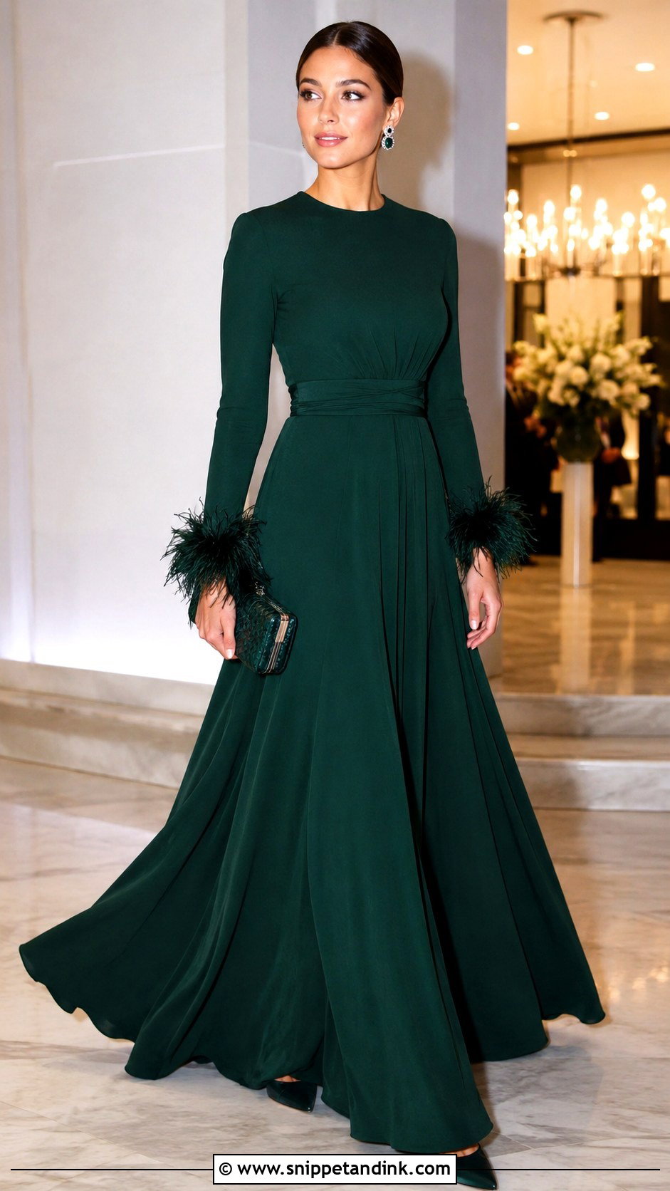 Long Crepe Gown With Feather Cuffs - Snippet and Ink - 20 Long Crepe Gown Styles