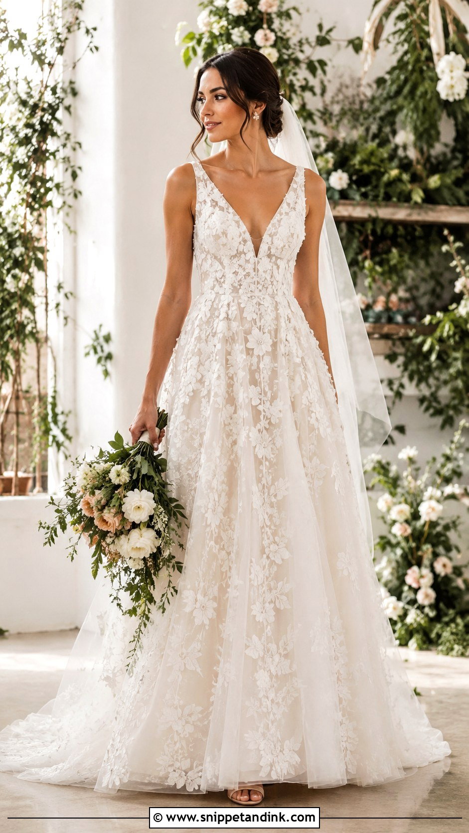 Long Floral Applique Tulle Wedding Gown - Snippet and Ink - 20 Long Wedding Gown Ideas