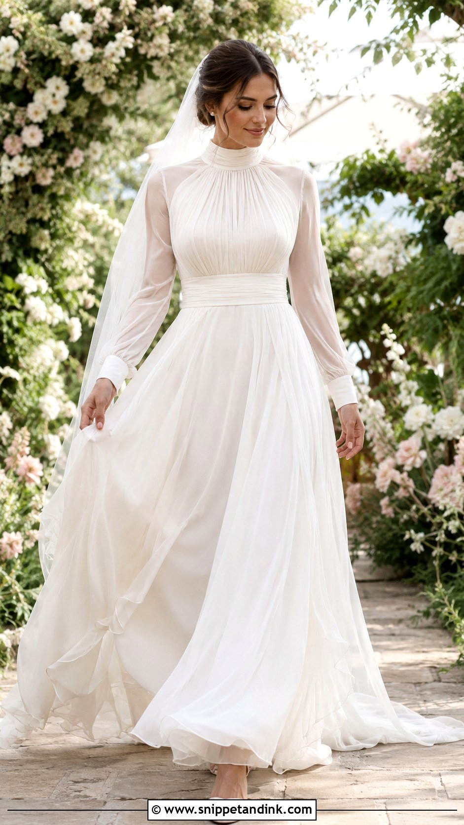 Long High Neck Chiffon Wedding Gown - Snippet and Ink - 20 Long Wedding Gown Ideas