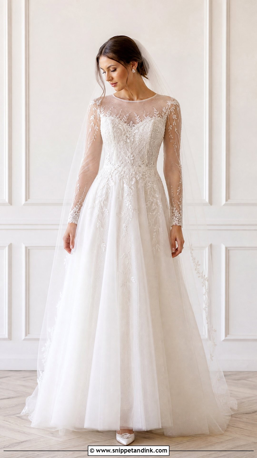 Long Illusion Tulle Sleeve A Line Wedding Dress - Snippet and Ink - 20 Tulle Sleeve Wedding Dress Ideas