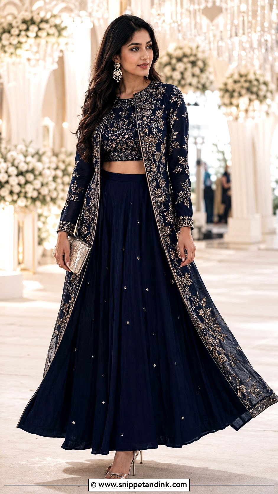 Long Jacket Indian Skirt Top Wedding Outfit - Snippet and Ink - 20 Indian Skirt Top Wedding Outfit Ideas