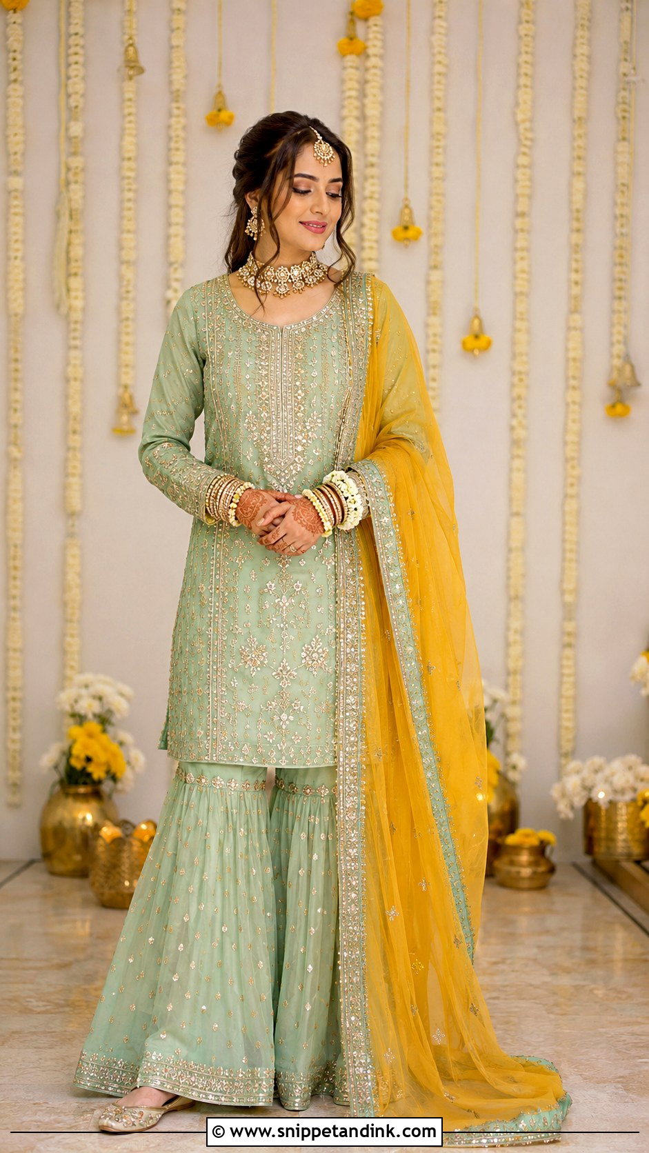Long Kurta Bridal Mehndi Gharara - Snippet and Ink - 30 Bridal Mehndi Dresses Ideas