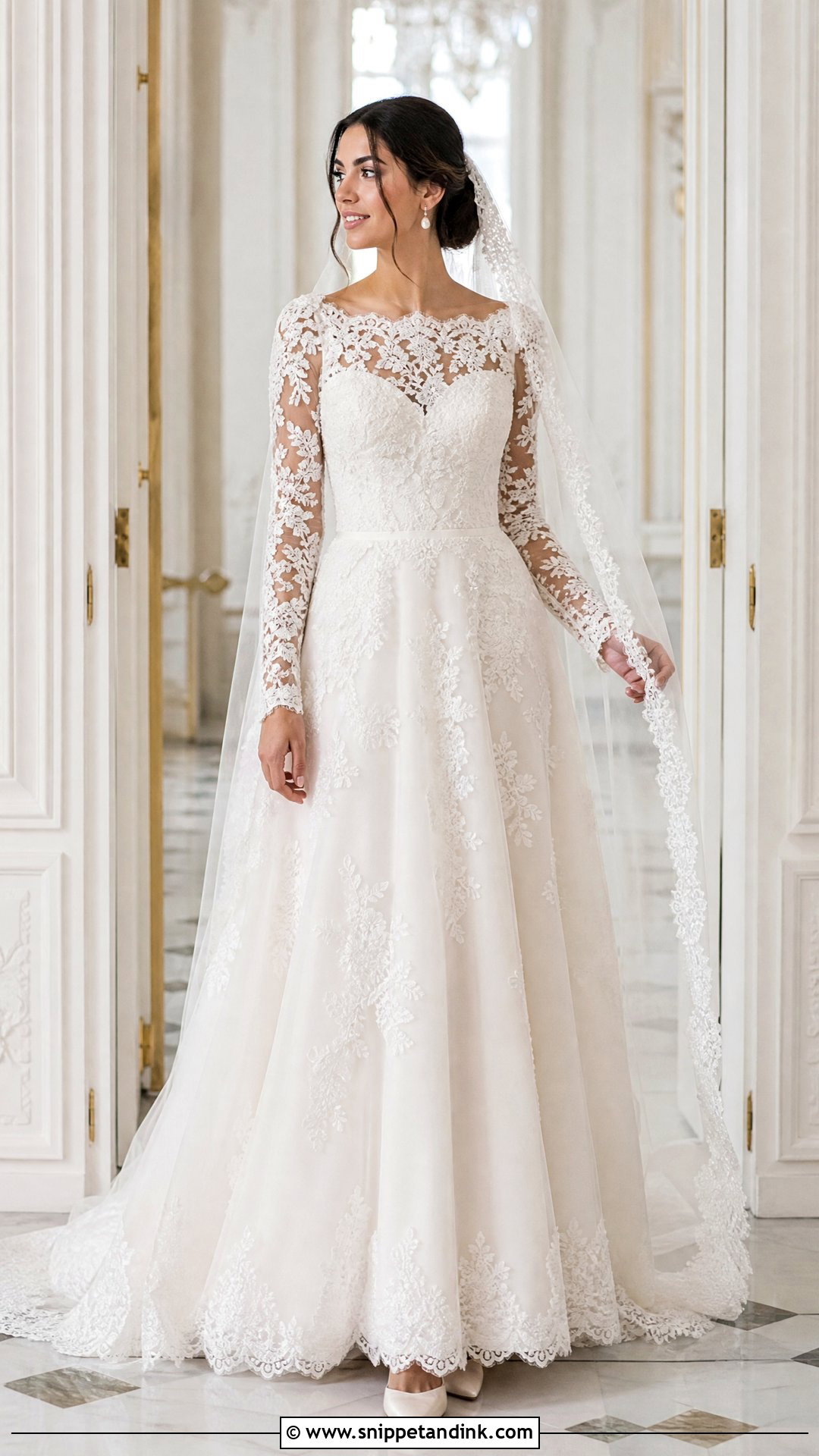 Long Lace Sleeve A Line Wedding Dress - Snippet and Ink - 20 Wedding Dress Sheer Sleeves