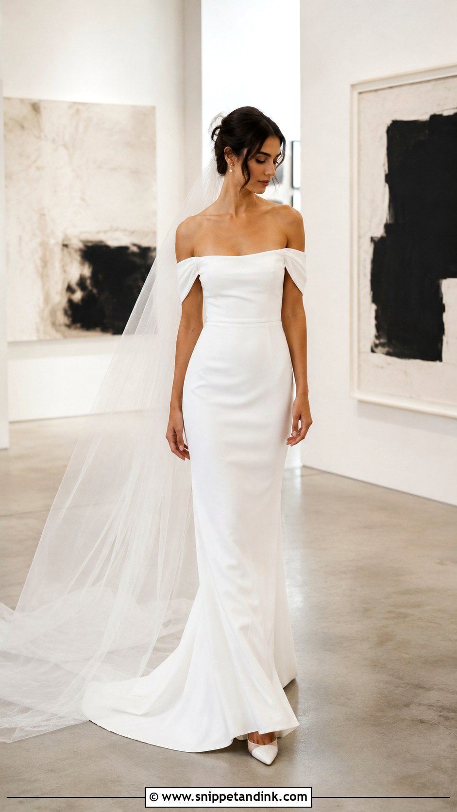 Long Off The Shoulder Crepe Wedding Gown - Snippet and Ink - 20 Long Wedding Gown Ideas