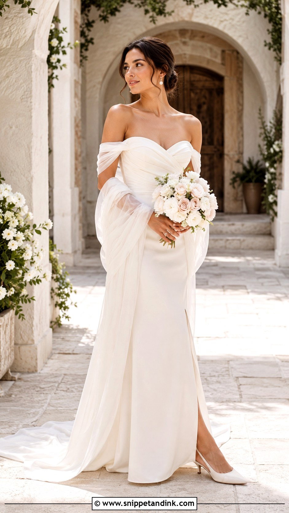 Long Off The Shoulder Elopement Dress - Snippet and Ink - 20 Long Elopement Dress Ideas