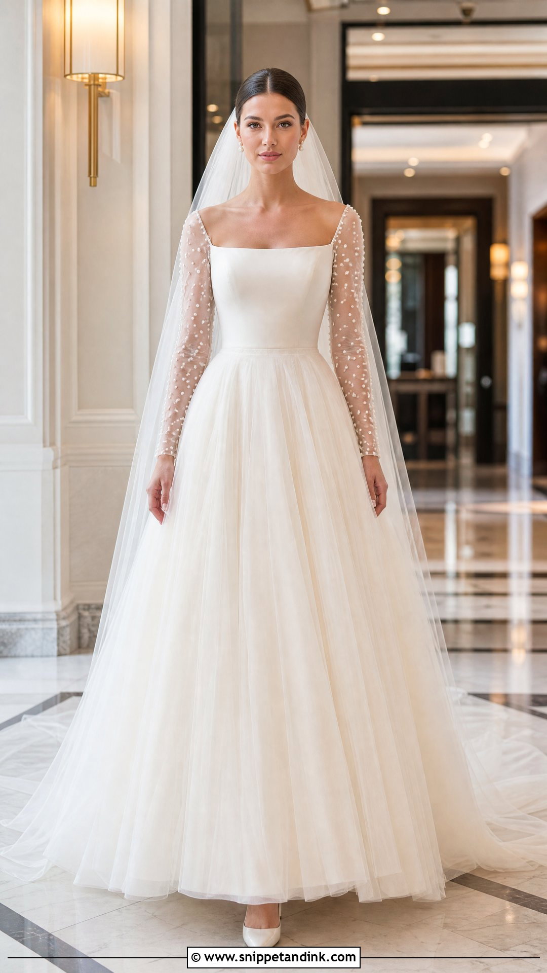 Long Pearl Sleeve A Line Wedding Dress - Snippet and Ink - 20 Pearl Sleeve Wedding Dress Ideas