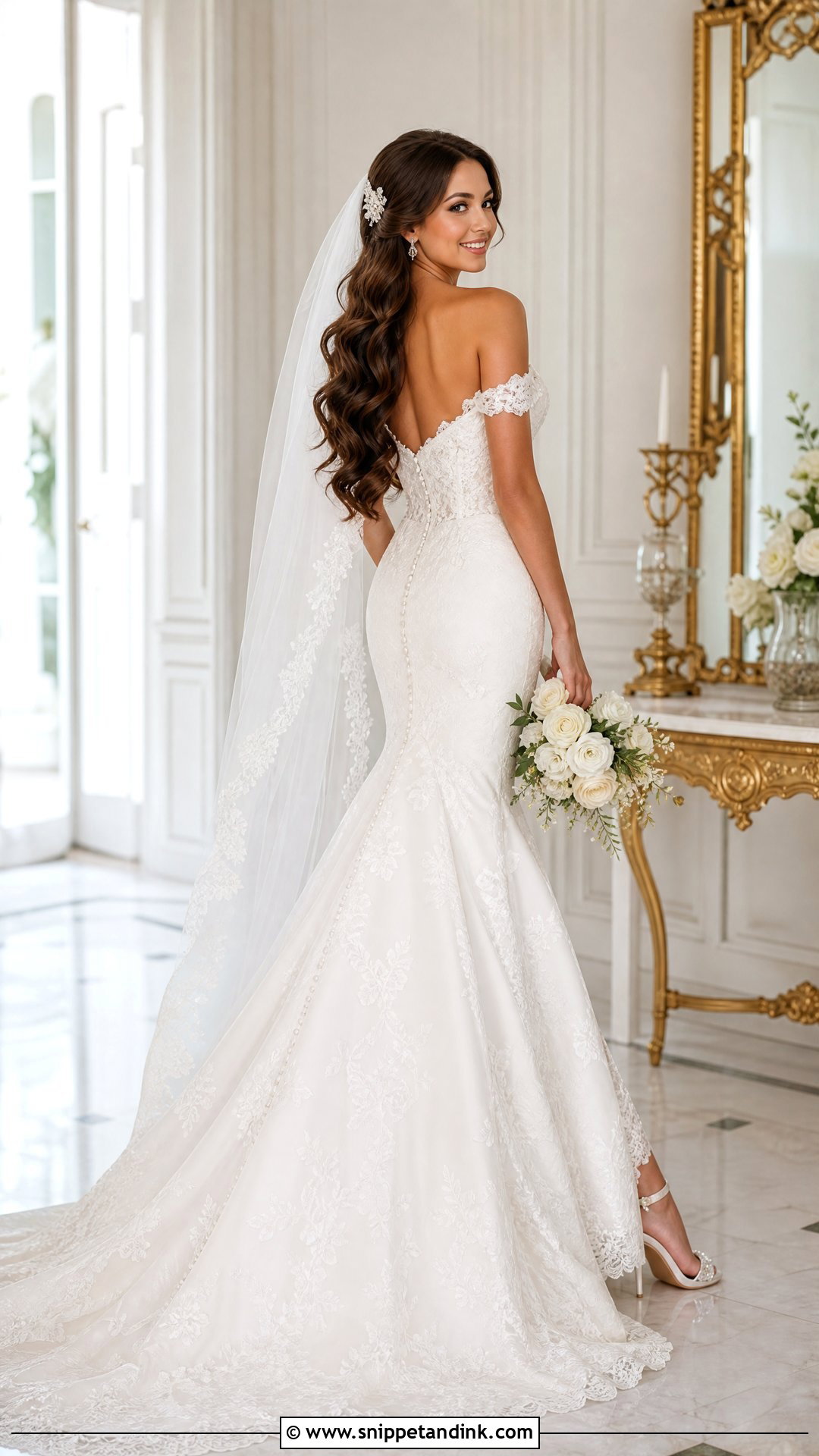 Long Polished Curls for Off the Shoulder Wedding Dress - Snippet and Ink - 25 Off the Shoulder Wedding Dress Hairstyle Ideas