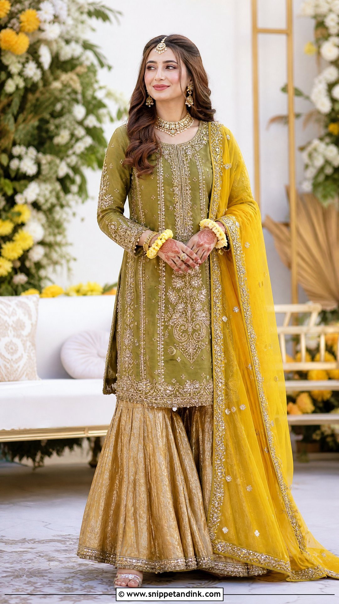Long Shirt Sharara Mehndi Dress For Bride - Snippet and Ink - 25 Mehndi Dress for Bride Pakistani Bridal Ideas