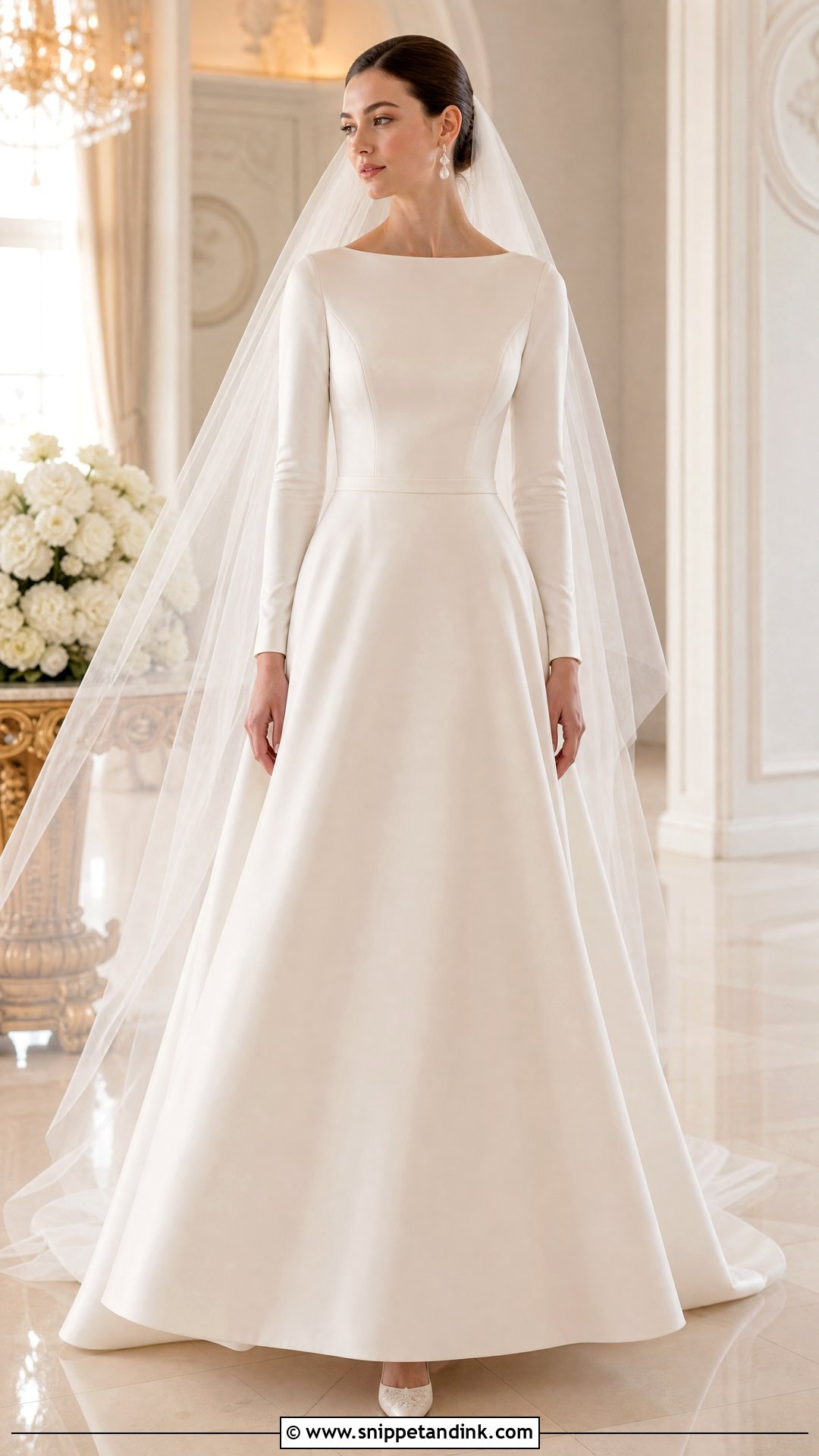 Long Sleeve A Line Satin Wedding Gown - Snippet and Ink - 20 Satin Wedding Gown with Sleeves