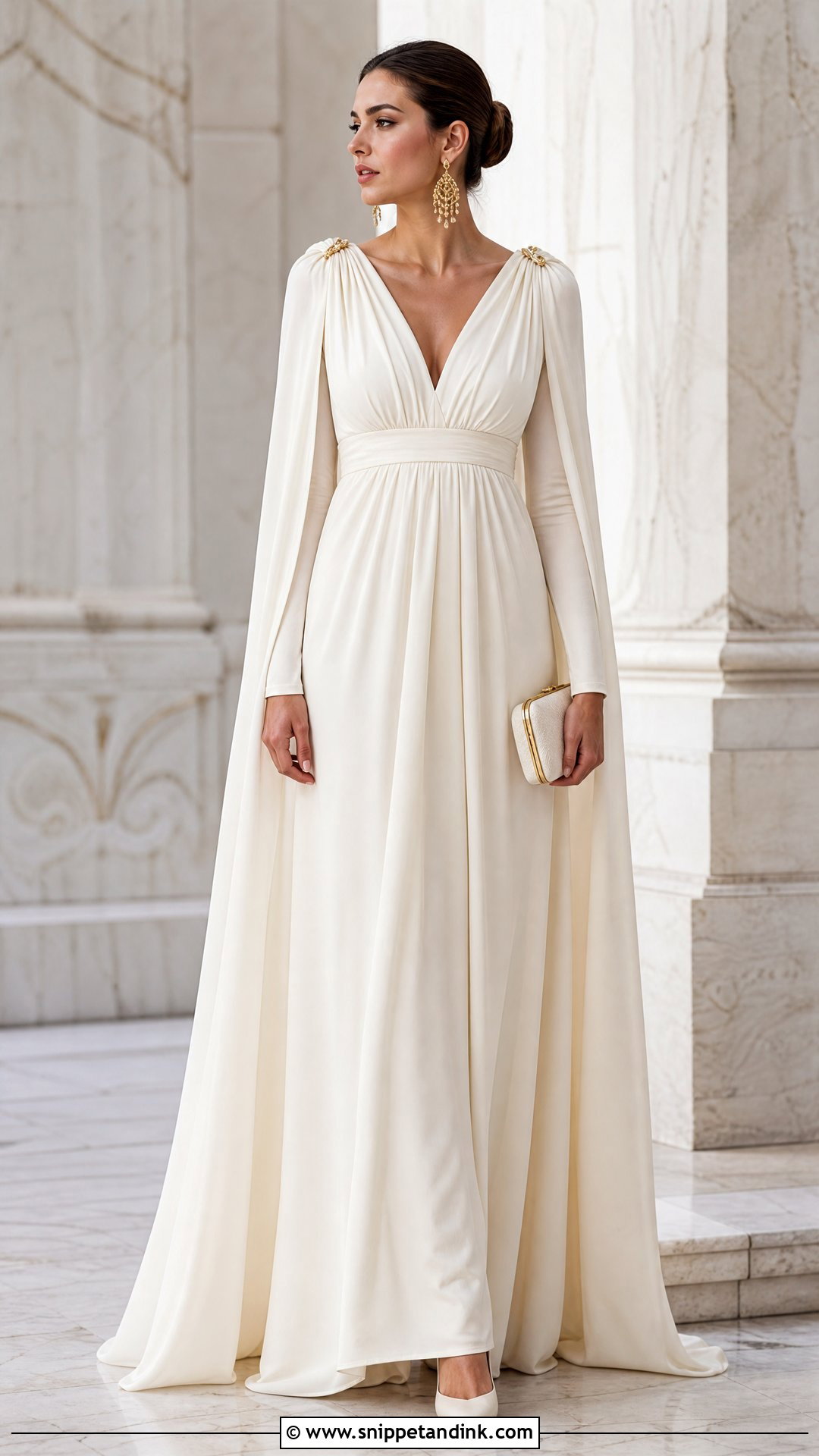 Long Sleeve Ancient Greek Wedding Dress With Gold Earrings - Snippet and Ink - 25 Ancient Greek Wedding Dress Ideas