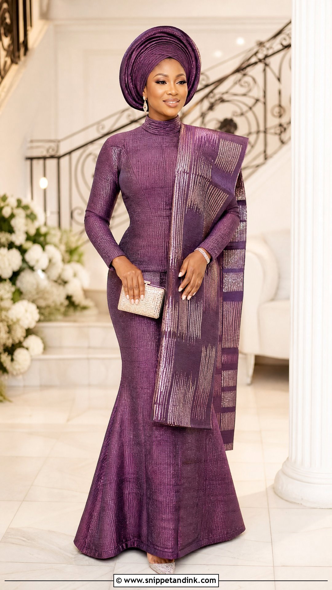 Long Sleeve Aso Oke Gown Outfit - Snippet and Ink - 20 Yoruba Introduction Outfit Ideas