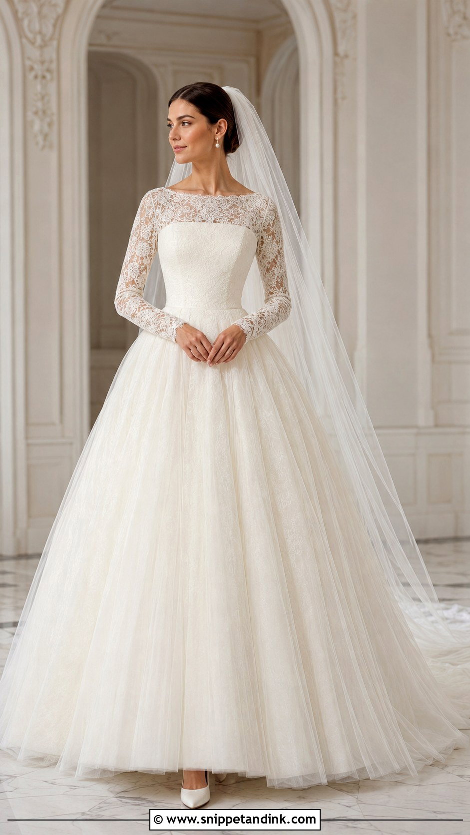 Long Sleeve Ball Gown 50s Wedding Dress - Snippet and Ink - 20 50s Inspired Wedding Dress Ideas