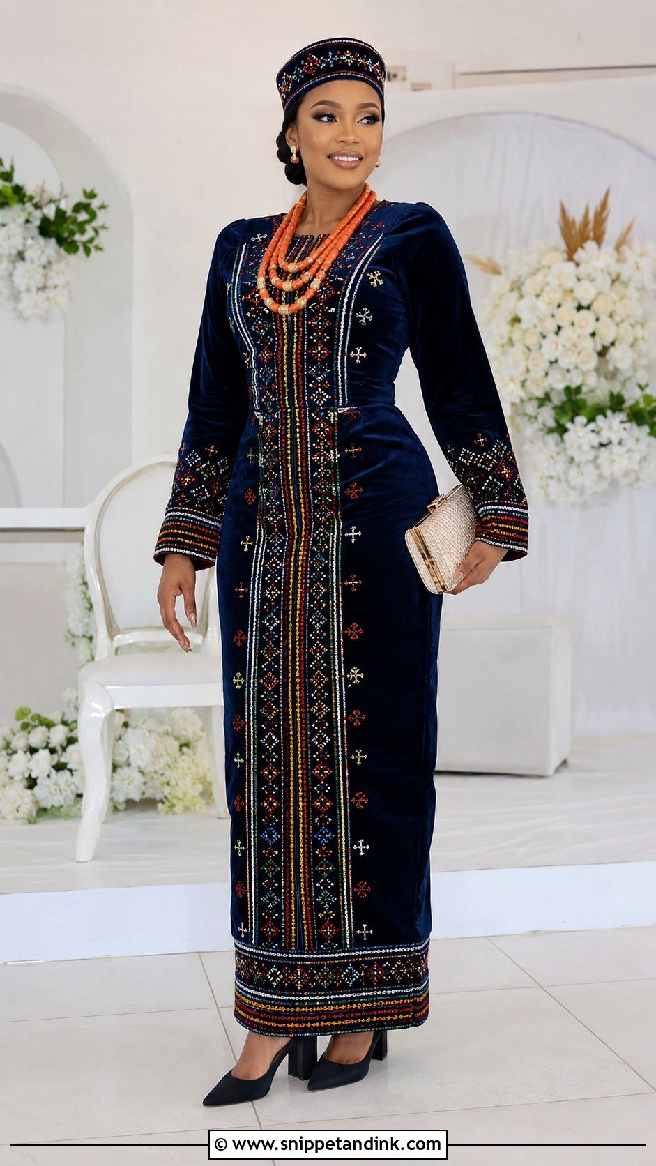 Long Sleeve Bamenda Toghu Column Dress - Snippet and Ink - 20 Bamenda Traditional Wedding Dress Ideas