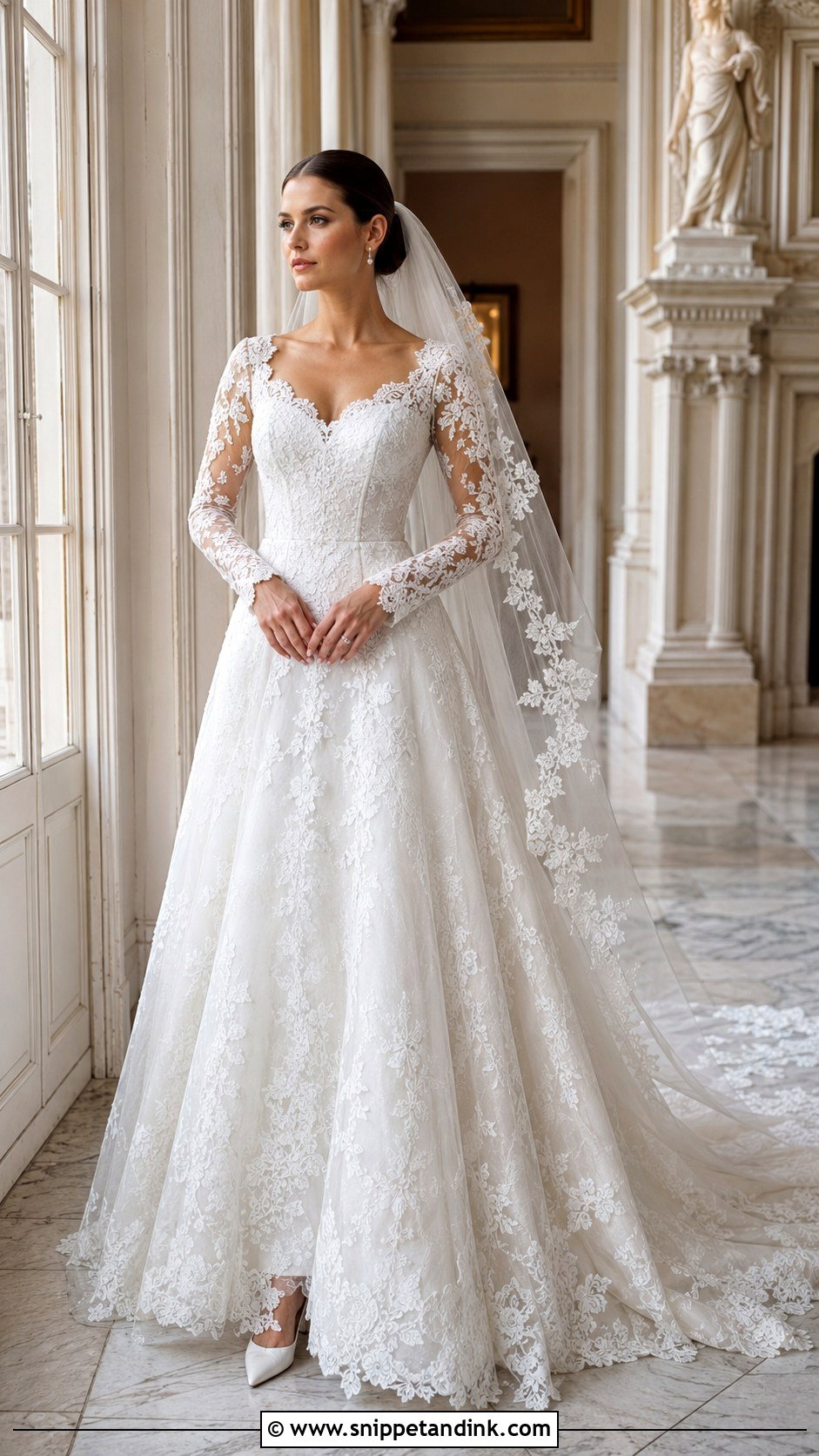 Long Sleeve Basque Waist Lace Wedding Dress - Snippet and Ink - 20 Basque Waist Lace Wedding Dress Ideas