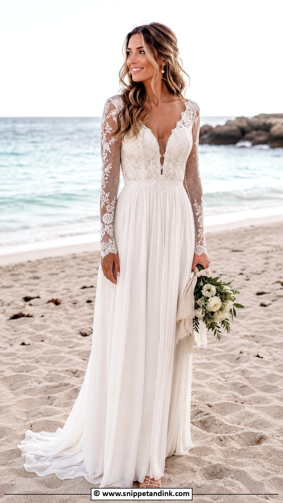 Long Sleeve Beach Bridal Dress With Soft Waves - Snippet and Ink - 30 Beach Bridal Dresses