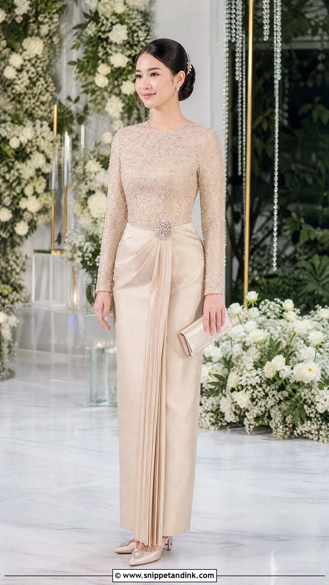 Long Sleeve Beaded Blouse and Htamein - Snippet and Ink - 20 Myanmar Wedding Dresses