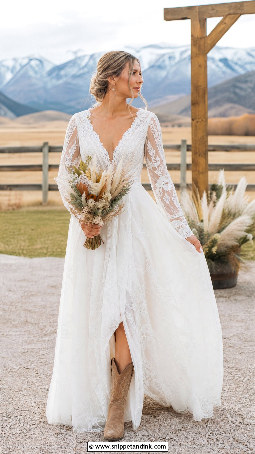 Long Sleeve Boho Wedding Dress With Cowboy Boots - Snippet and Ink - 20 Wedding Dresses with Cowboy Boots
