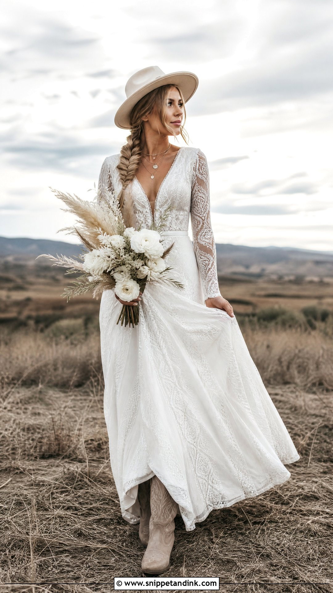 Long Sleeve Boho Western Bride Dress With Ankle Boots - Snippet and Ink - 20 Western Bride Dress Ideas