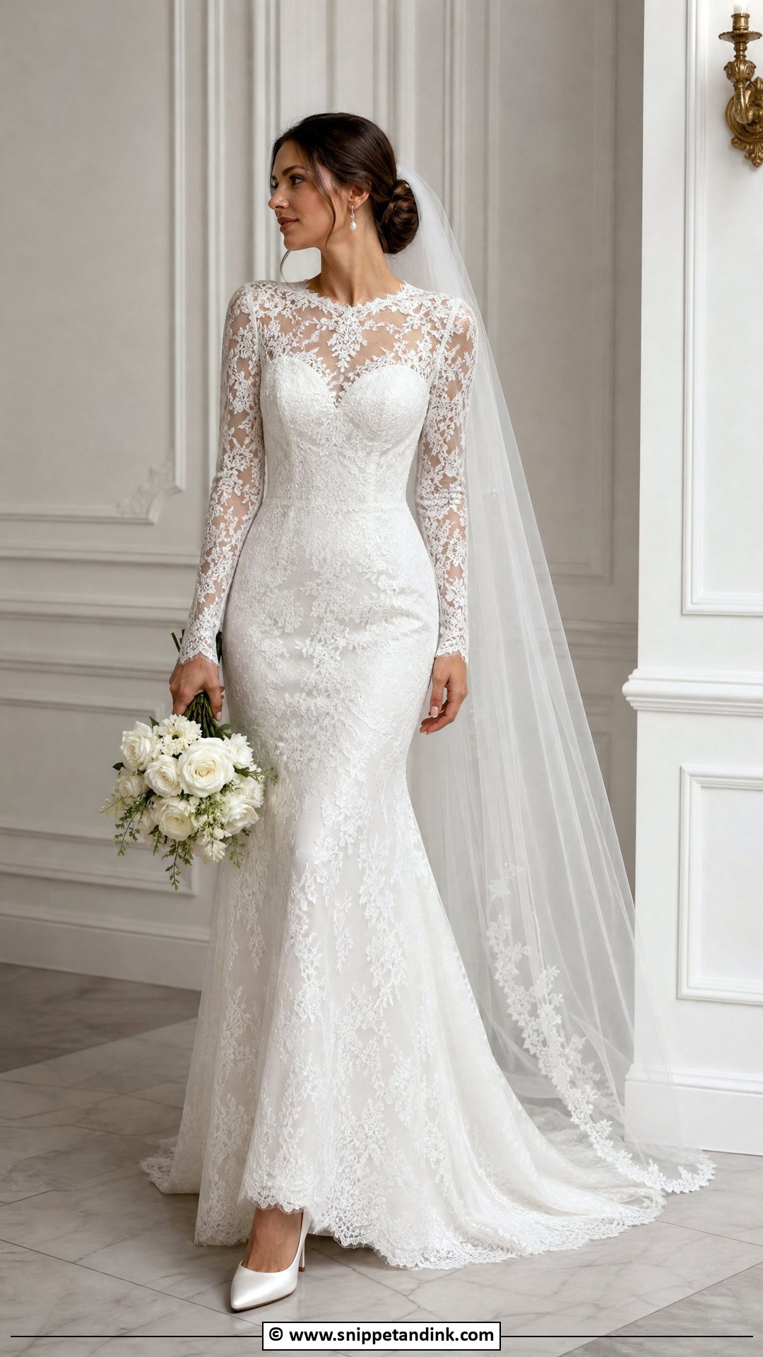 Long Sleeve Bridal Gown With Low Bun - Snippet and Ink - 35 Bridal Gown Ideas