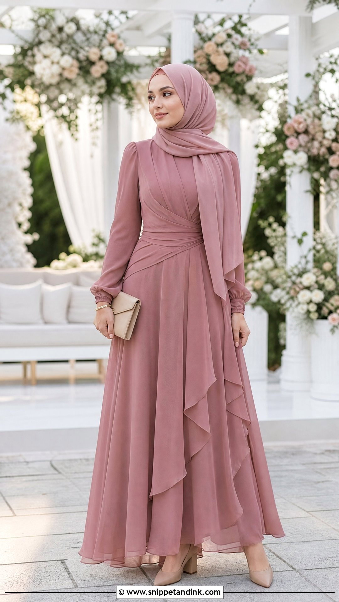 Long Sleeve Chiffon Maxi Dress With Hijab - Snippet and Ink - 20 Hijabi Wedding Outfit Ideas