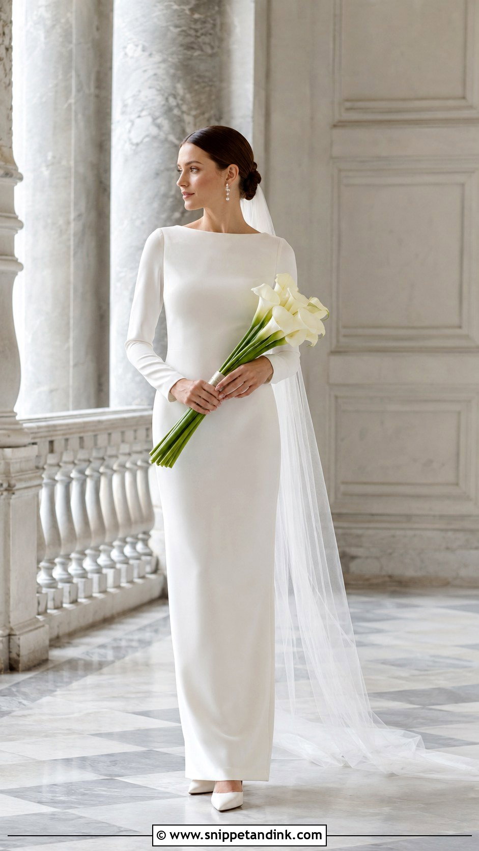 Long Sleeve Column Wedding Dress With Pearl Earrings - Snippet and Ink - 20 Very Simple Wedding Dress Ideas