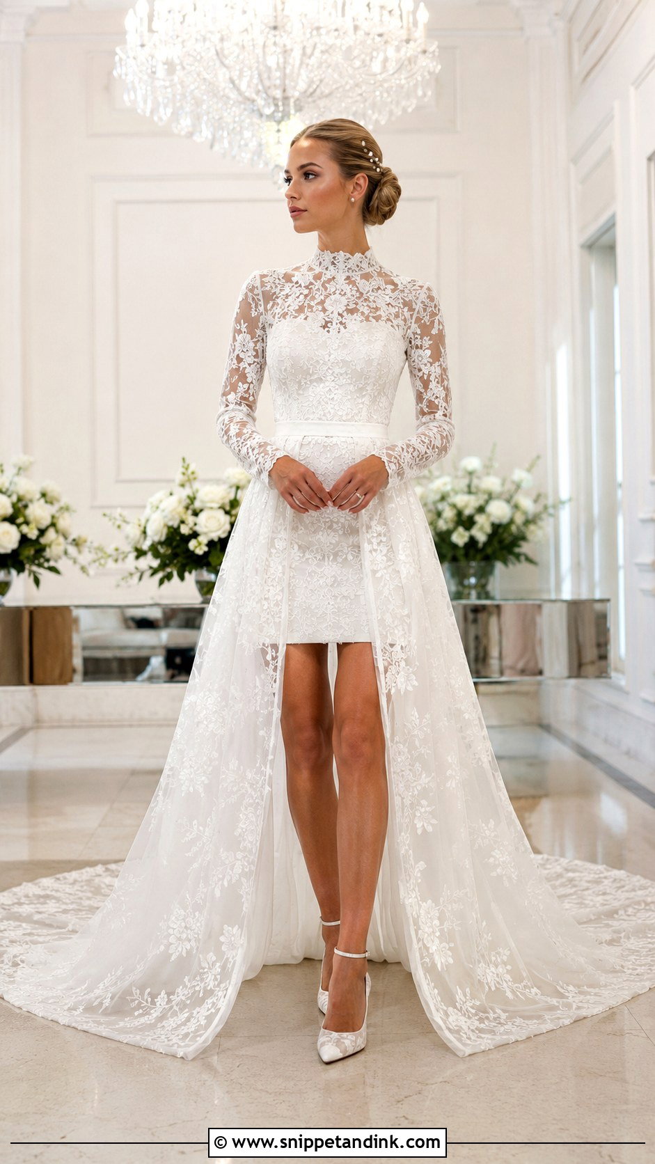 Long Sleeve Convertible Wedding Dress With Sheer Overskirt - Snippet and Ink - 20 Convertible Wedding Dress Long to Short Ideas