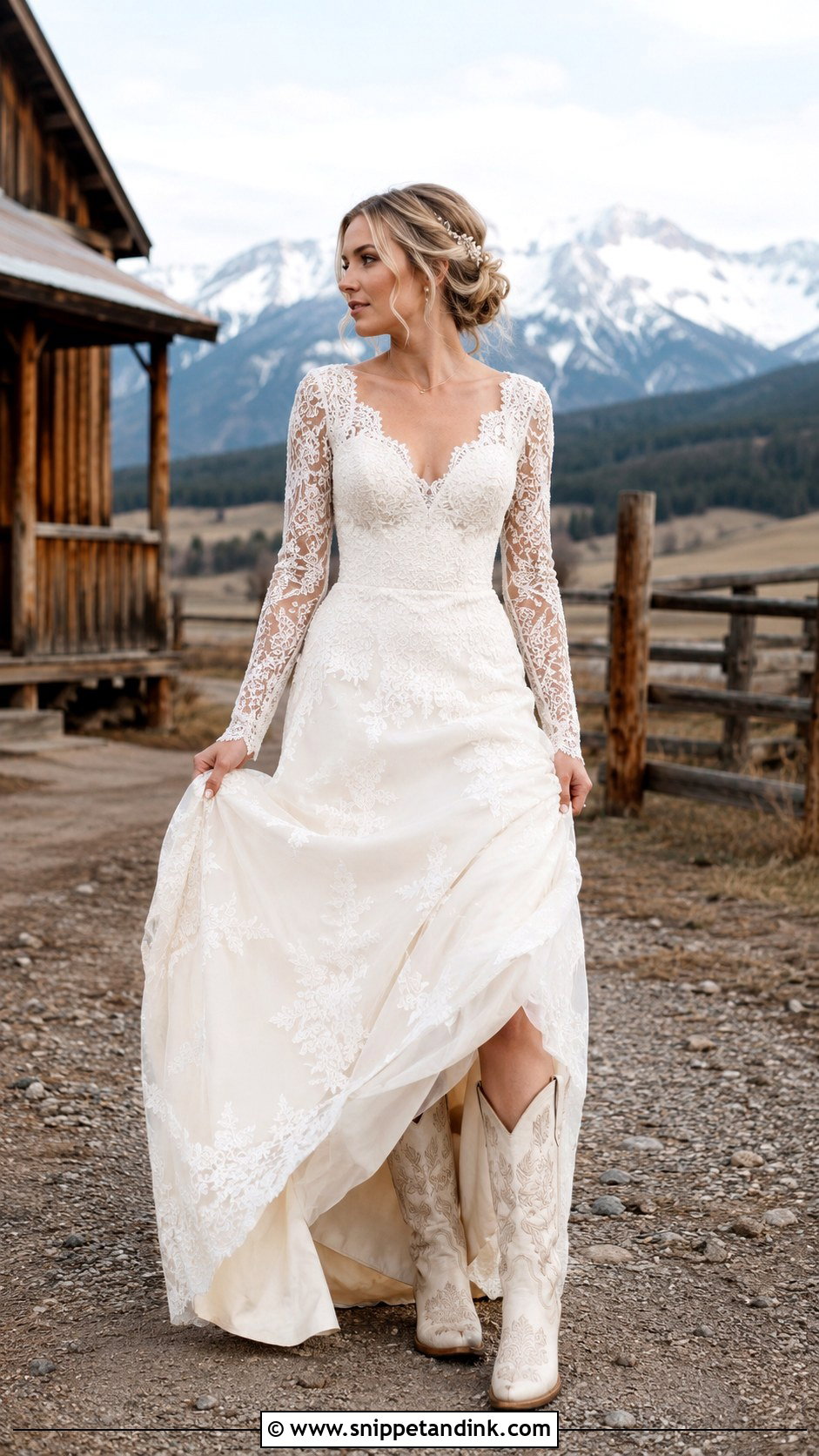 Long Sleeve Country Wedding Gown With Embroidered Boots - Snippet and Ink - 20 Country Wedding Gowns