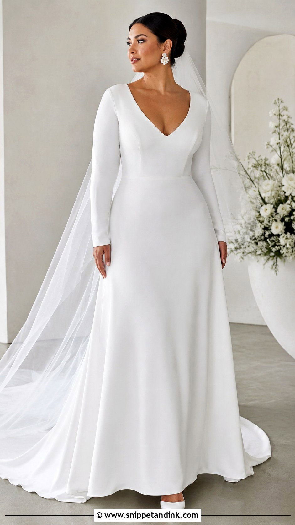 Long Sleeve Crepe A Line Wedding Dress - Snippet and Ink - 20 Apple Shape Wedding Dress Ideas