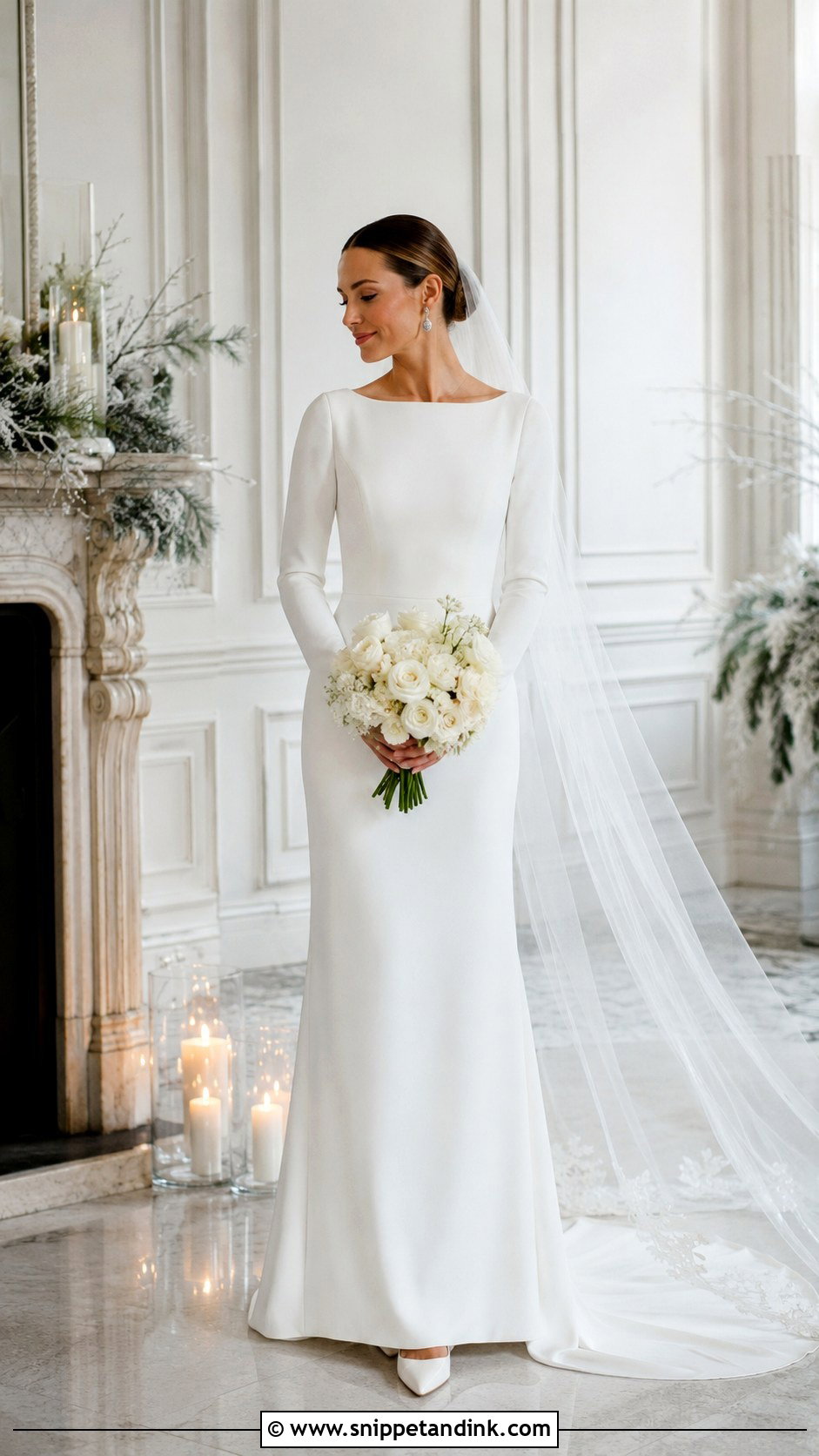 Long Sleeve Crepe Boat Neck Wedding Dress - Snippet and Ink - 20 Boat Neck Wedding Dresses