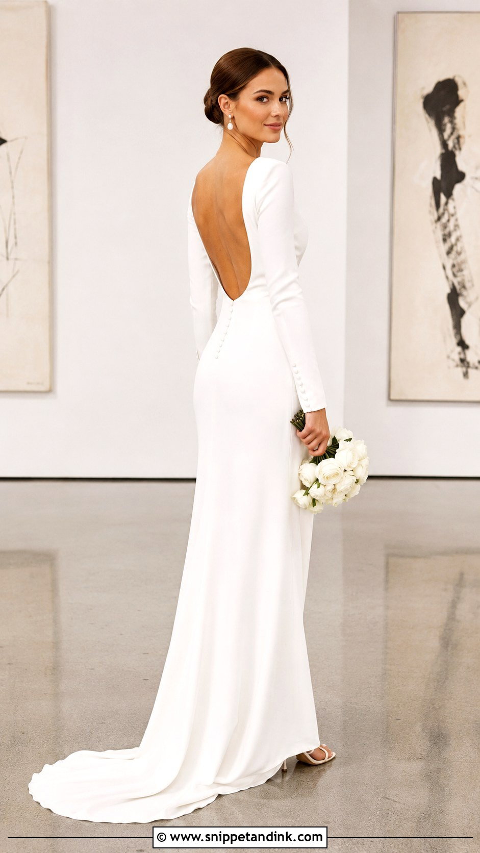Long Sleeve Crepe Boatneck Wedding Dress - Snippet and Ink - 20 Boatneck Wedding Dresses