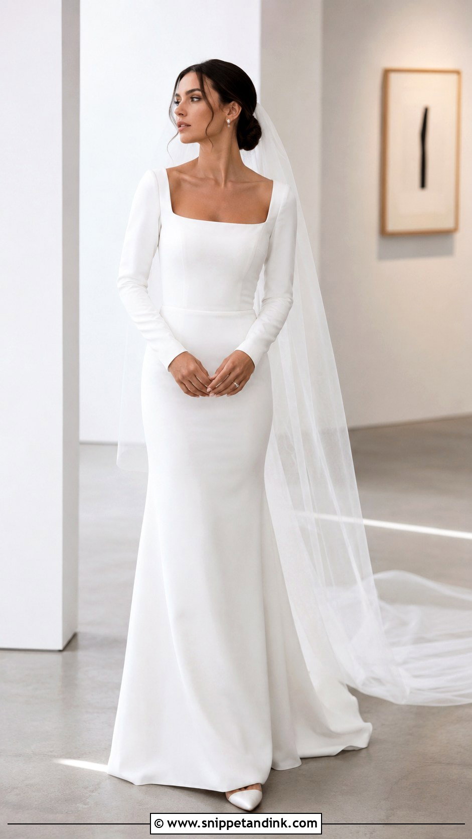 Long Sleeve Crepe Fit And Flare Wedding Dress - Snippet and Ink - 20 Long Sleeve Fitted Wedding Dress Ideas