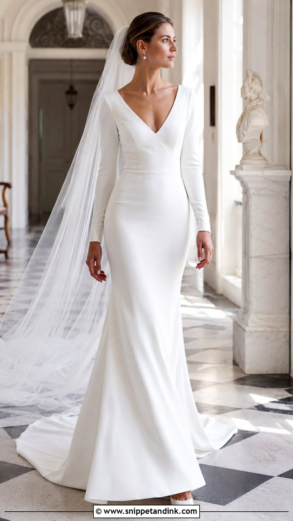 Long Sleeve Crepe Flared Wedding Dress - Snippet and Ink - 20 Flared Wedding Dress Ideas