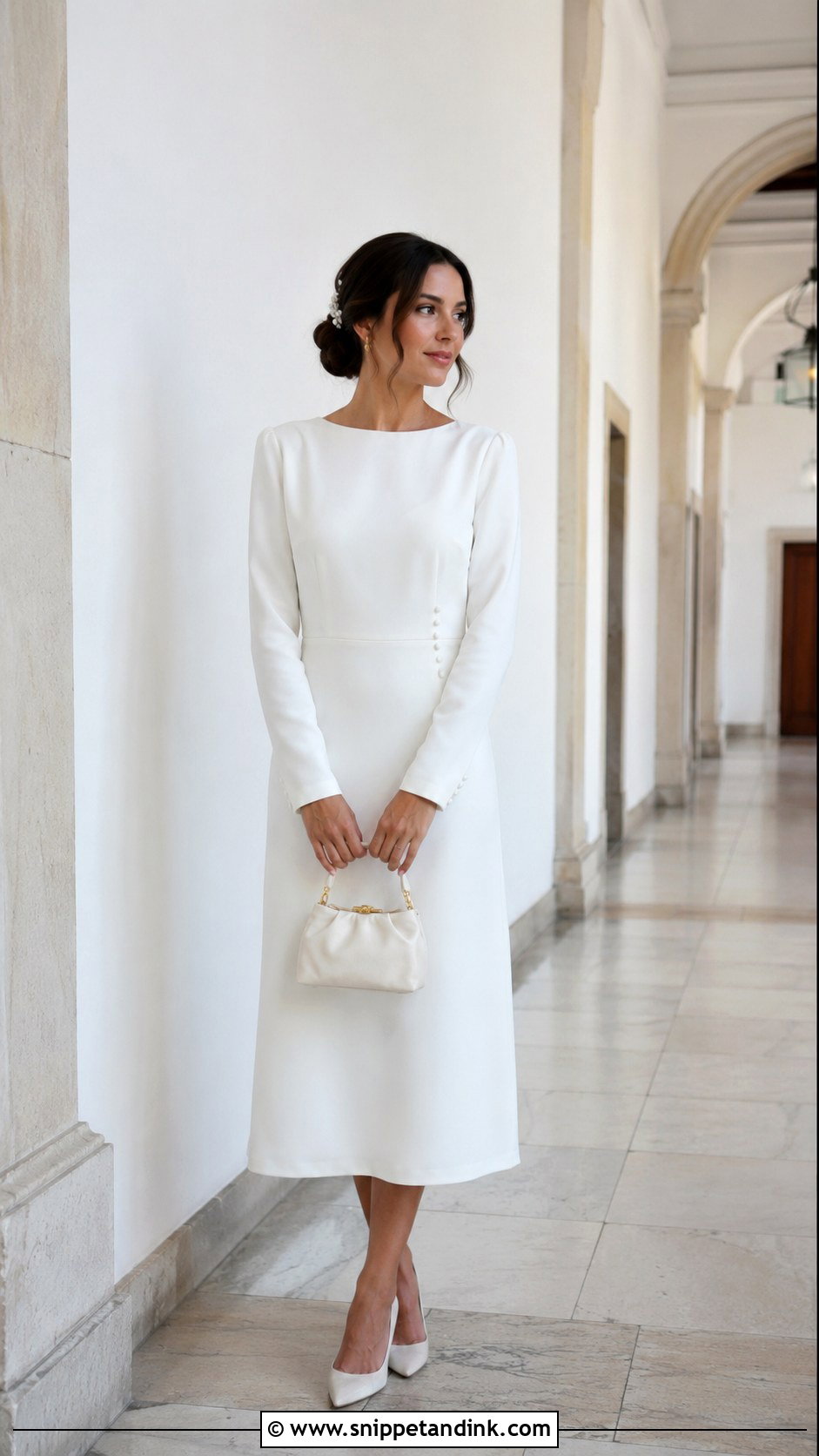 Long Sleeve Crepe Midi Courthouse Wedding Dress - Snippet and Ink - 20 Courthouse Wedding Outfit Bride Ideas