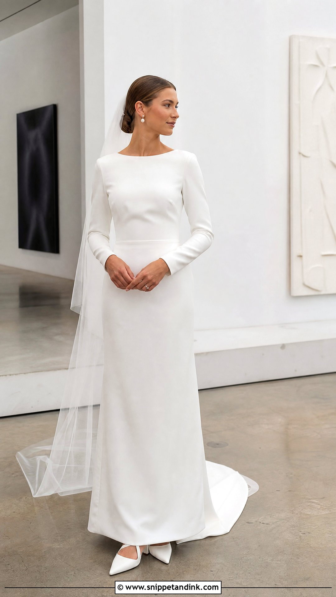 Long Sleeve Crepe Sheath Wedding Gown - Snippet and Ink - 20 Wedding Gown Long Sleeve Ideas