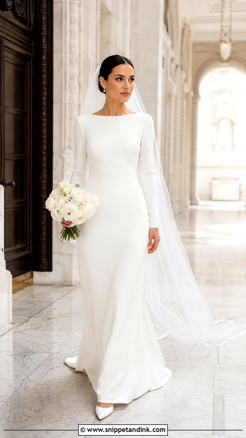 Long Sleeve Crepe Wedding Dress - Snippet and Ink - 25 Modest Bridal Ideas