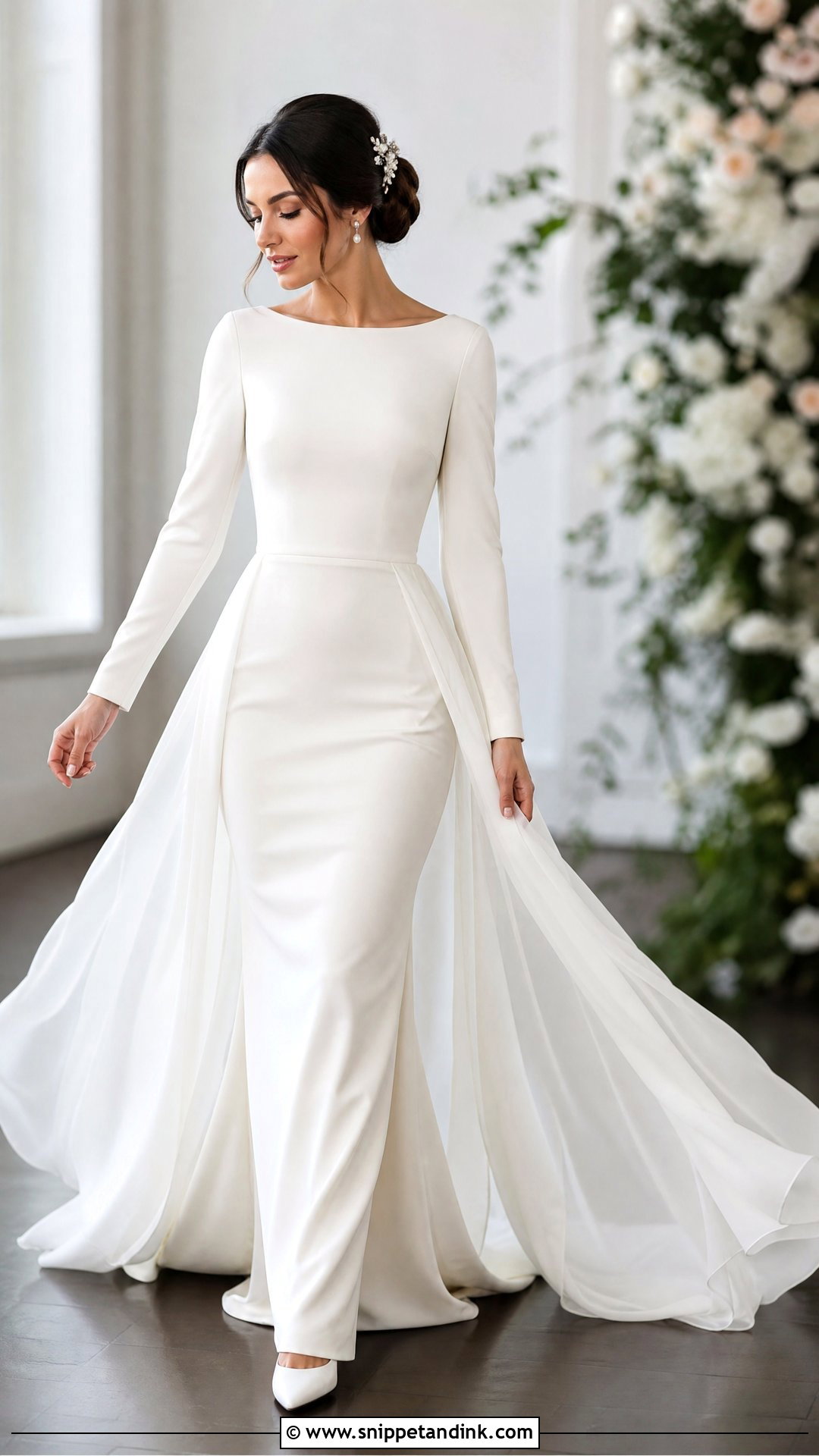 Long Sleeve Crepe Wedding Dress With Detachable Chiffon Train - Snippet and Ink - 20 Wedding Dress with Detachable Train Ideas