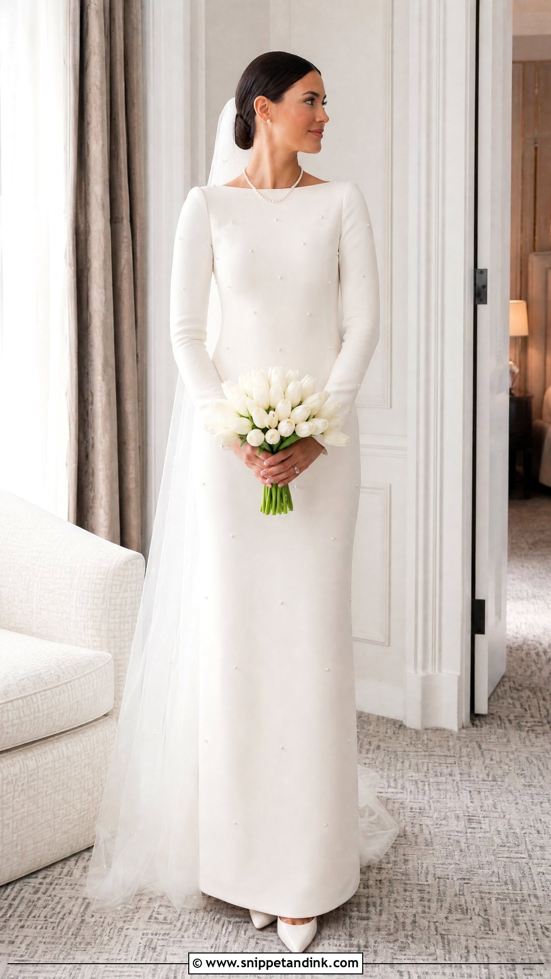 Long Sleeve Crepe Wedding Dress With Pearl Necklace - Snippet and Ink - 20 Wedding Dress with Pearl Necklace Ideas