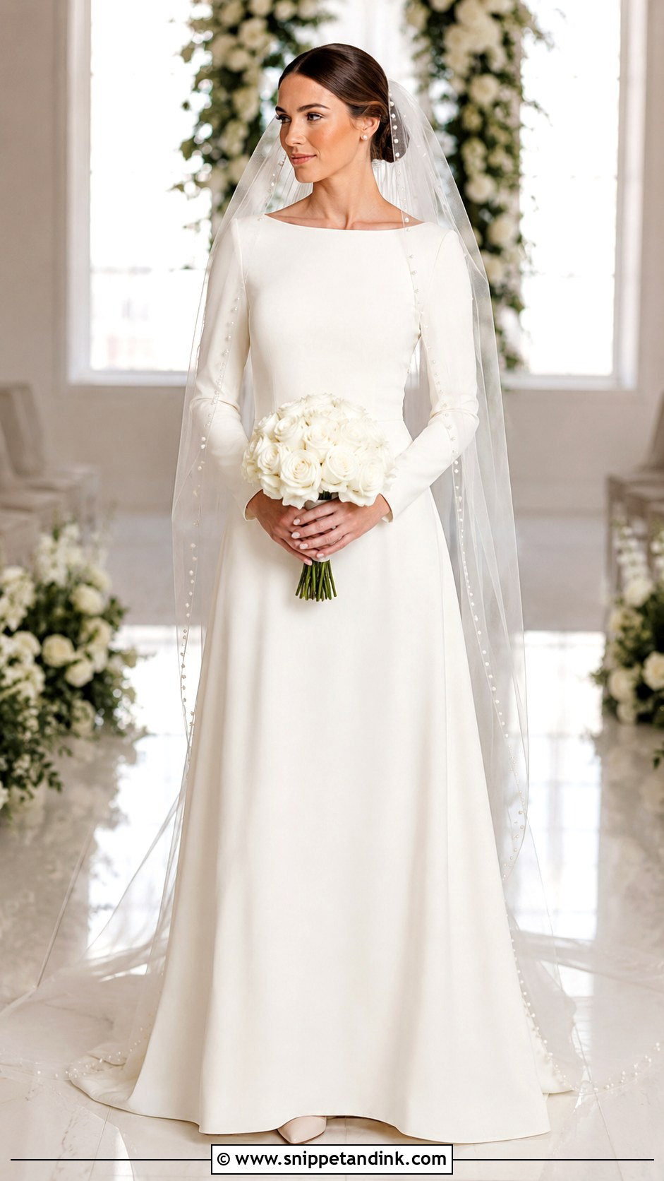 Long Sleeve Crepe Wedding Dress With Pearl Veil - Snippet and Ink - 20 Modest Simple Wedding Dress Ideas