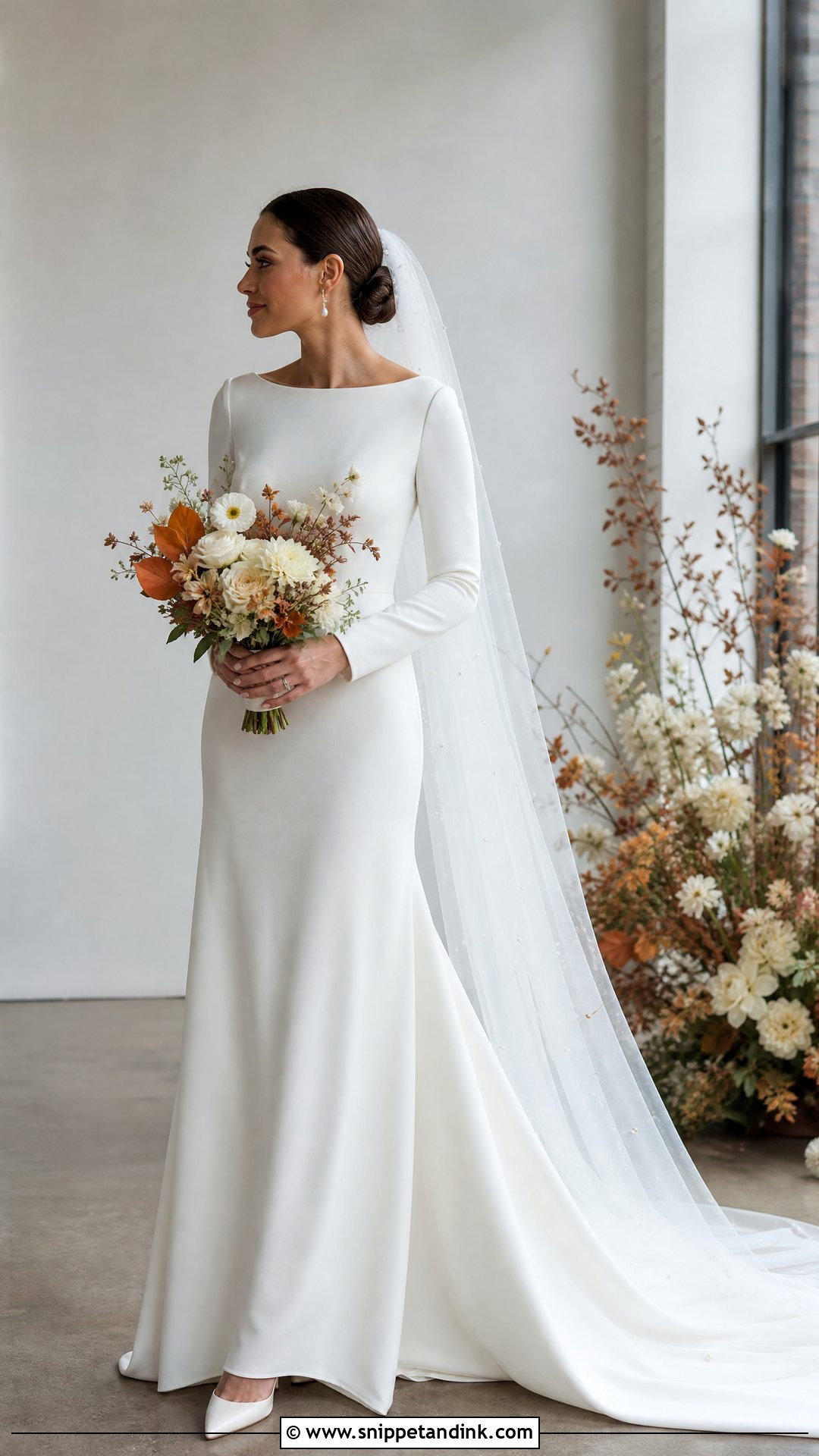 Long Sleeve Crepe Wedding Dress With Pearl Veil - Snippet and Ink - 20 Wedding Dress Combination Ideas