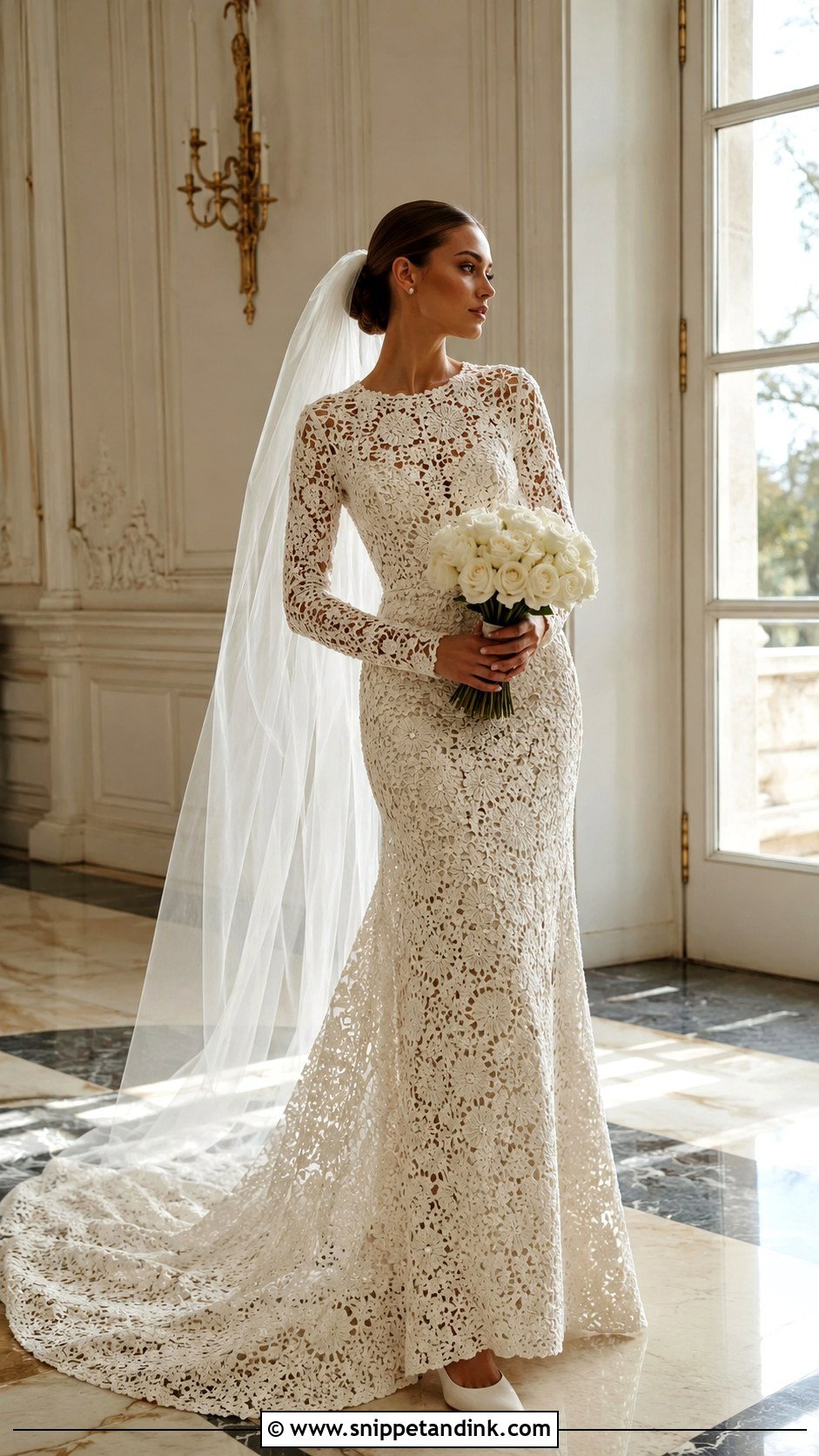 Long Sleeve Crochet Wedding Dress With Train - Snippet and Ink - 20 Crochet Wedding Dresses