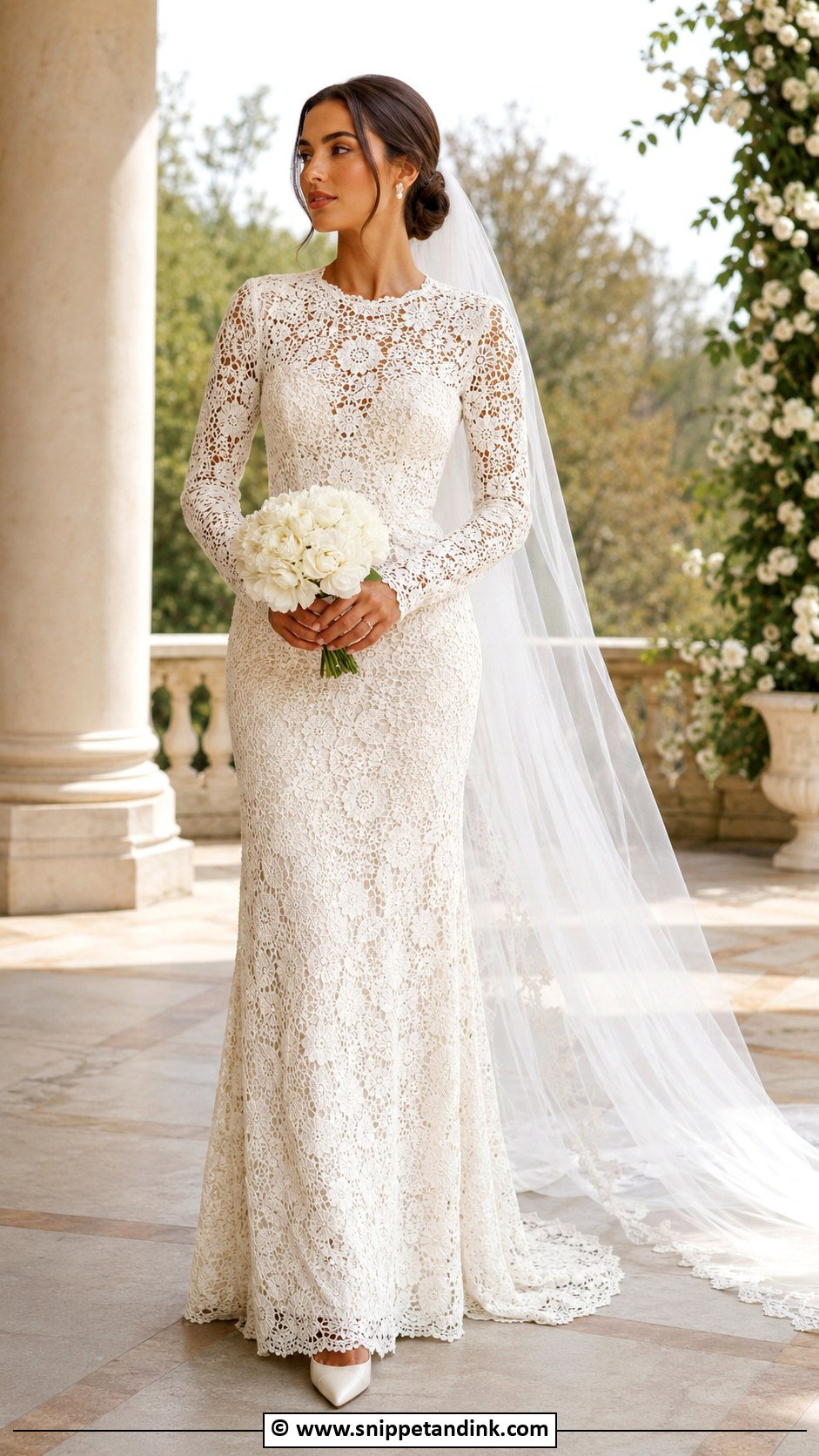 Long Sleeve Crochet Wedding Dress With Veil - Snippet and Ink - 30 Crochet Wedding Dress Ideas