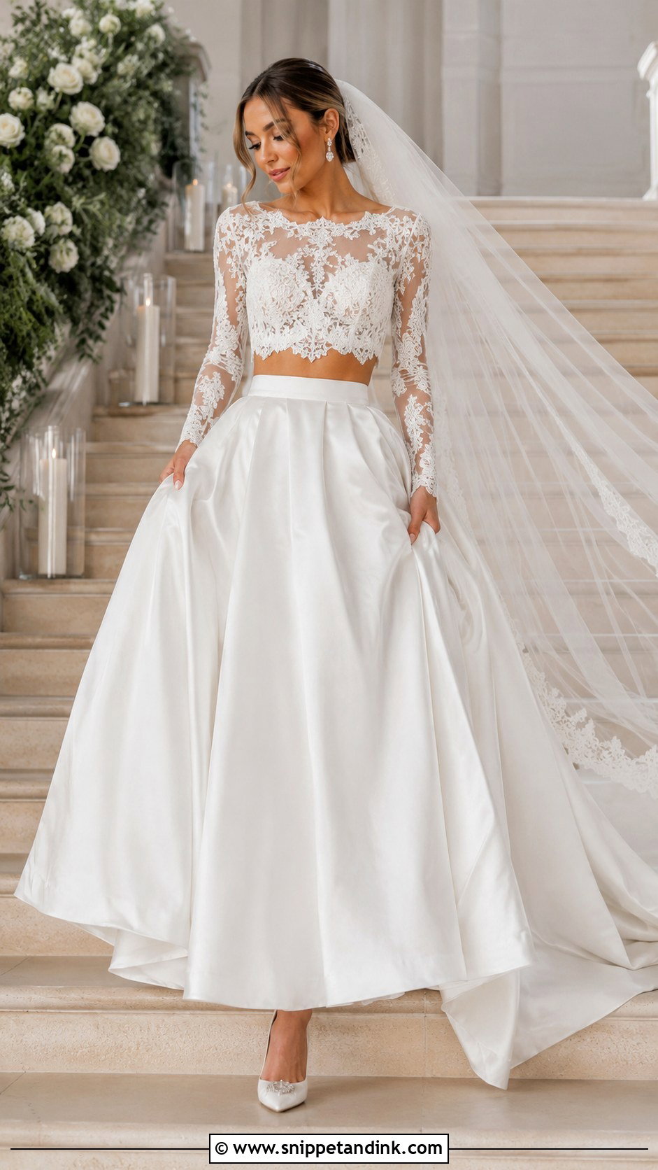 Long Sleeve Crop Top Wedding Dress With Full Skirt - Snippet and Ink - 20 Crop Top Wedding Dress Ideas