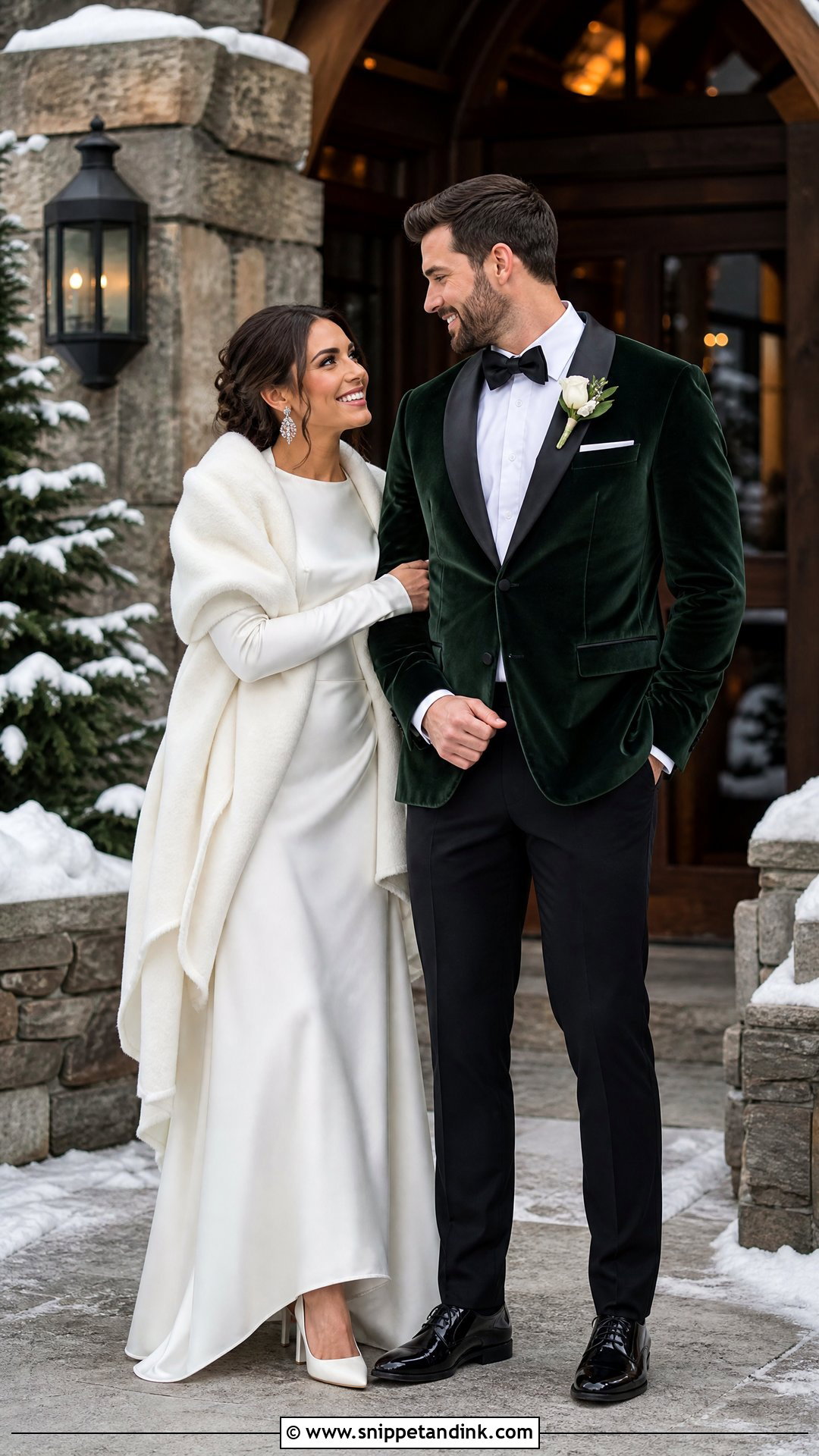Long Sleeve Dress And Velvet Tuxedo Wedding Couple - Snippet and Ink - 20 Wedding Dresses for Couple
