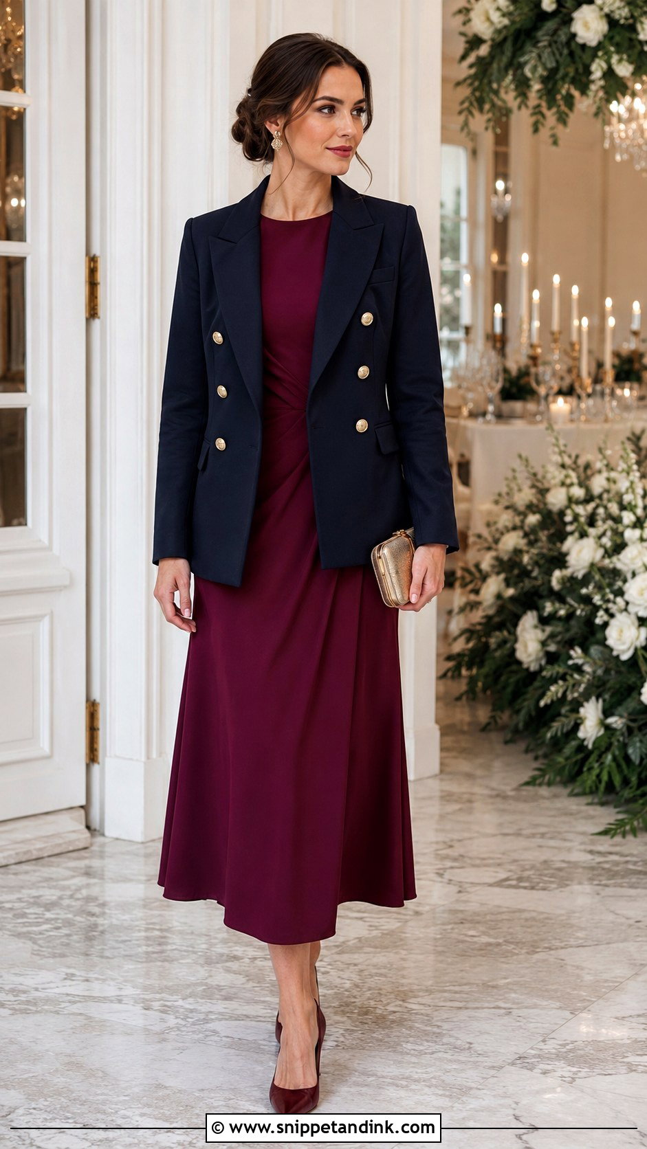 Long Sleeve Dress and Double Breasted Blazer Wedding Outfit - Snippet and Ink - 20 Dress and Blazer Outfit Wedding Ideas