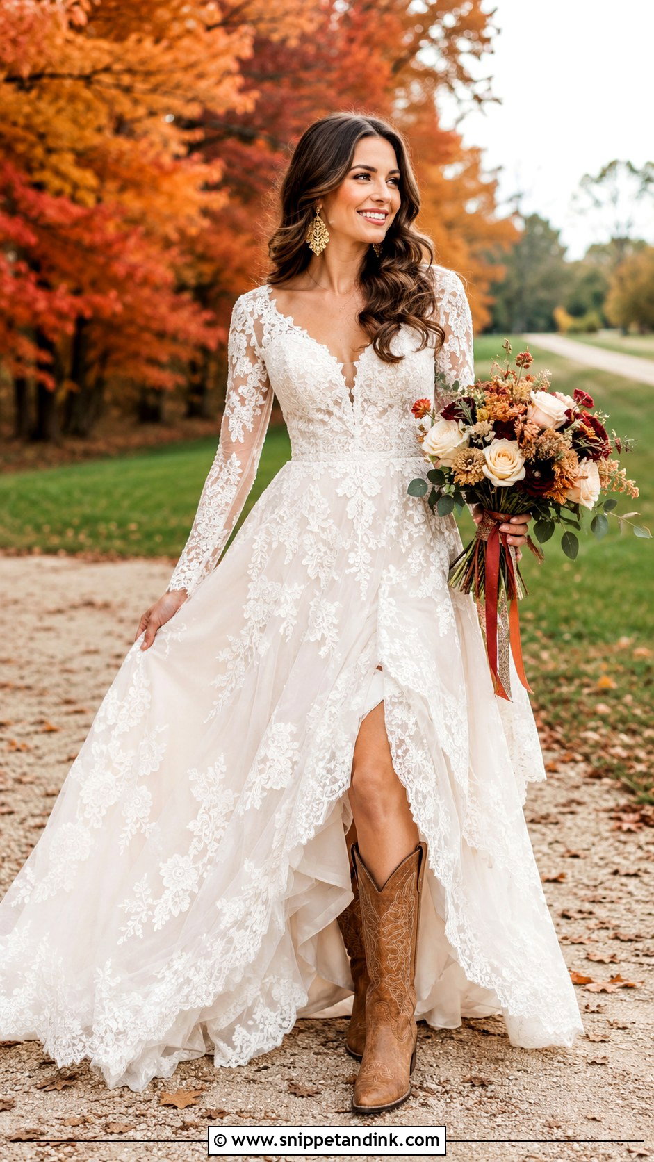 Long Sleeve Fall Wedding Dress With Cognac Cowboy Boots - Snippet and Ink - 20 Bride Cowboy Boots Ideas
